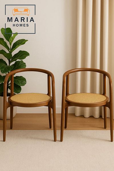 MARIA HOMES Round Back Walnut Cane Chair – Elegant Curved Wood Frame Armchair with Woven Rattan Seat