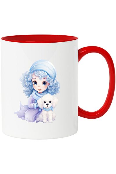 StoryGift Romania Mug with a cute little girl who has a white puppy | illustration | cold | snow | i, With ,STG
