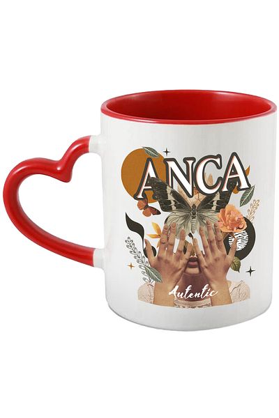 StoryGift Romania Mug With Name Anca, Girl Collage, Butterfly, Flowers, Circle, 330ml, Ceramic with Handle, With,STG