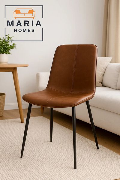 MARIA HOMES Brown Faux Leather Dining Chair with Cross Stitch Detail and Black Metal Legs – Modern Comfort