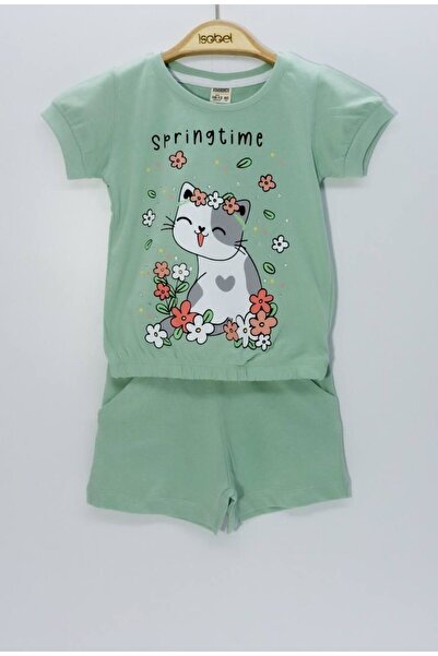 ZUZUNGA Kedi Baskılı Sevimli Kız Bebek Kolu Lstikli Alt-Üst ŞortTakım