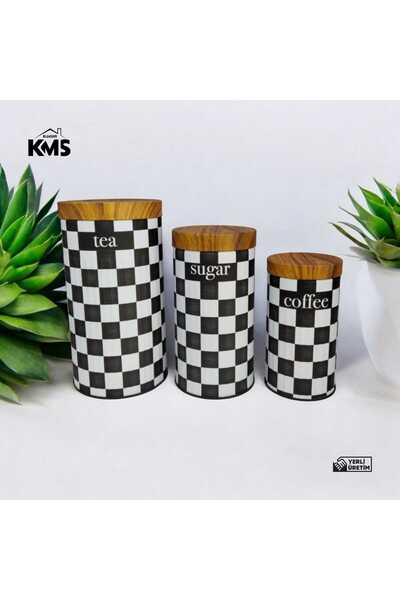 kmskumsar Ahşap görünümlü kapak 3'lü çay şeker kahve saklama kabı