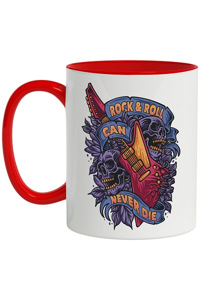 StoryGift Romania Mug With Message In English Rock & Roll Can Never Die, Guitar, Music, Skulls, Fru, Cu,STG
