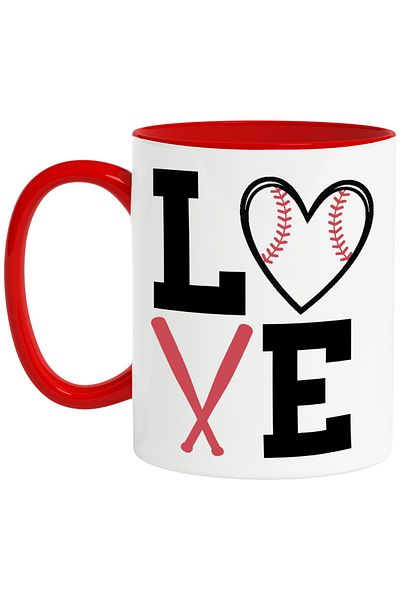 StoryGift Romania Mug with heart and 2 baseball bats with the text "Love" with Red Handle, With Red Handle, STG