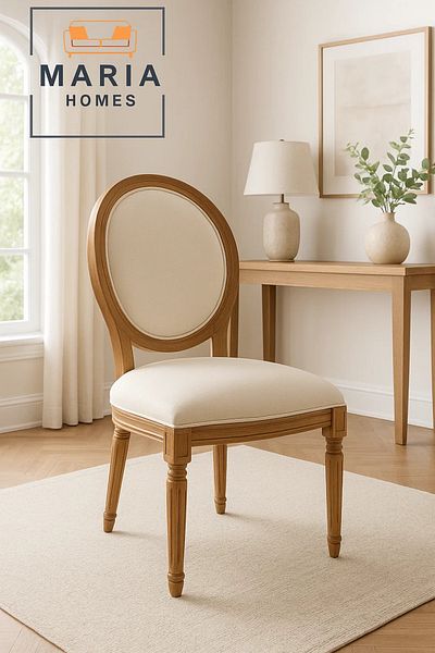 MARIA HOMES Classic Round Back Upholstered Chair – Solid Wood Frame with Cream Linen Seat for Elegant Interiors