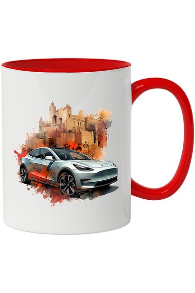 StoryGift Romania Mug With Car, City, Buildings, Illustration, Tesla, Multicolor 330 ml, Ceramic with, With, STG