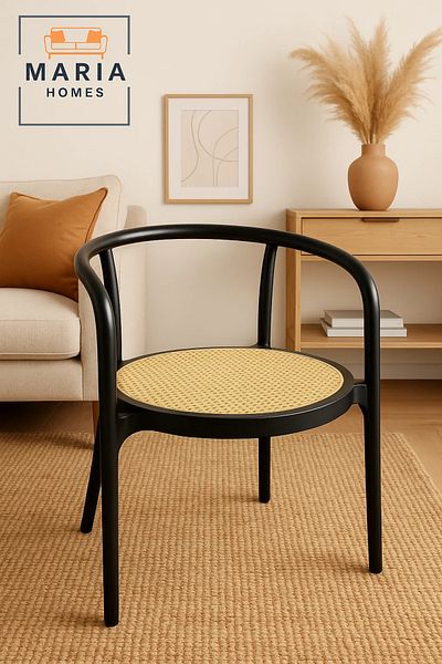 MARIA HOMES Modern Black Cane Armchair – Round Back Wood Chair with Woven Rattan Seat for Dining or Lounge