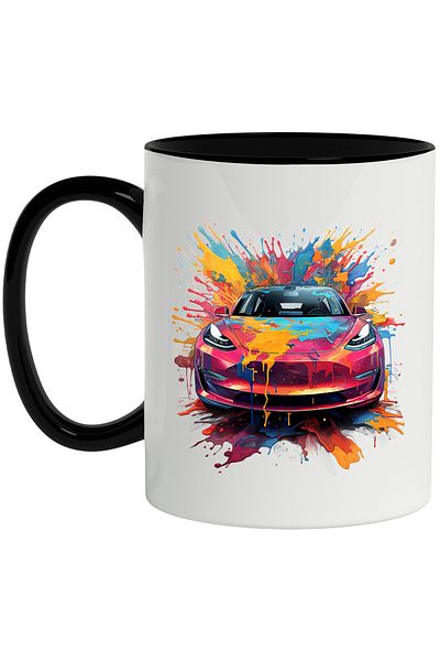 StoryGift Romania Mug With Car, Brand, Tesla, Electric, Paint, Multicolor 330 ml, Ceramic with , With ,STG