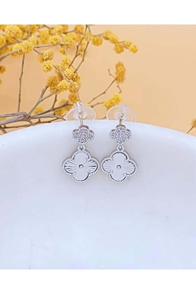 Nevoka Çift Yonca Silver Renk Küpe