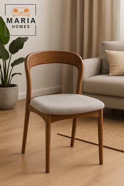 MARIA HOMES Modern Wooden Dining Chair with Curved Backrest and Light Grey Velvet Cushion – Minimalist Comfort
