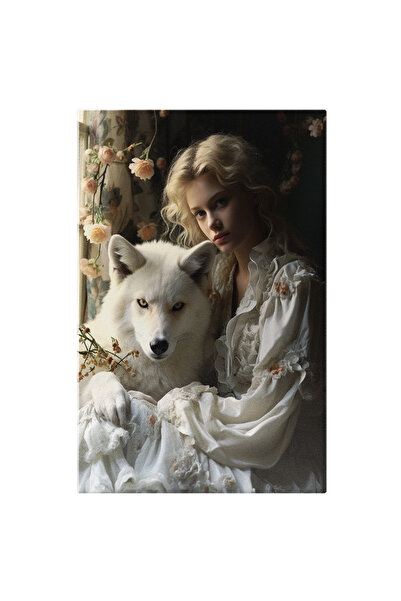 StoryGift Romania Tablou Canvas: Portret Feminin European Cu Păr Lung Și Lup ...