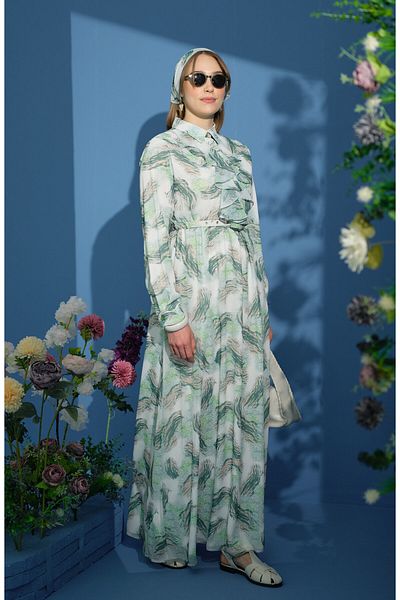 Fatma Atasoy Animal Pattern Flounce Chiffon Green Dress