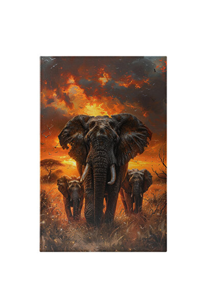 StoryGift Romania Tablou Canvas Trei Elefanți În Marș Apus De Soare Ardent Și...
