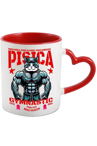 StoryGift Romania Gymnastics Cat Mug - Lift, Run, Work, 330ml, Ceramic with Heart Handle, With ,STG