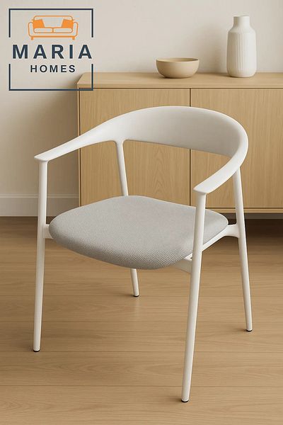 MARIA HOMES White Modern Armchair with Light Grey Fabric Seat – Minimalist Dining or Office Chair