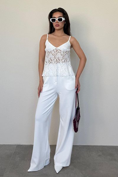 Madmext White Adjustable Strap Lace Blouse Mg2348
