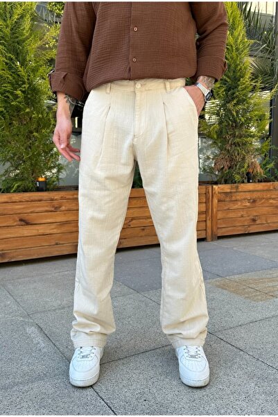serline Premium Pileli Baggy Keten Pantolon