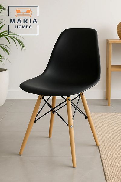MARIA HOMES Black Modern Plastic Dining Chair with Wooden Legs – Ergonomic Minimalist Seating for Home or Office