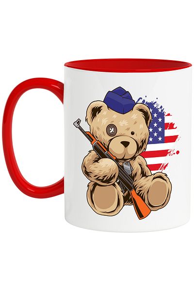 StoryGift Romania Mug With Teddy Bear, Rifle, Hat, Soldier, Black and White 330 ml, Ceramic with Handle, With ,STG