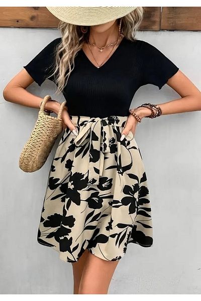 Little Visqon Women's Short Sleeve V-Neck Belted Waist Floral Patterned Top Viscose Bottom Single Jersey Dress