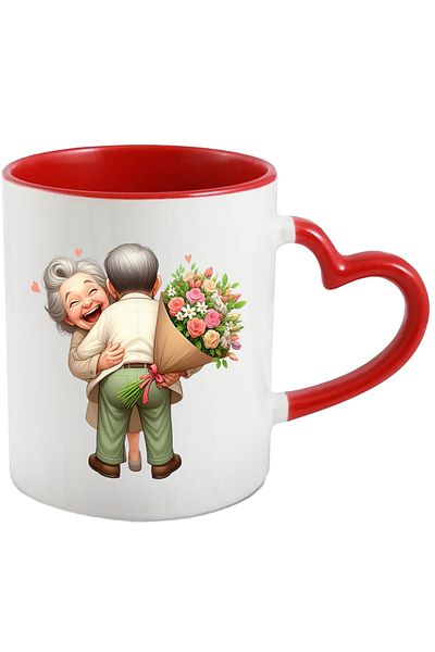 StoryGift Romania Mug with a grandma and a grandpa | joy | hugging | received a bouquet, With,STG