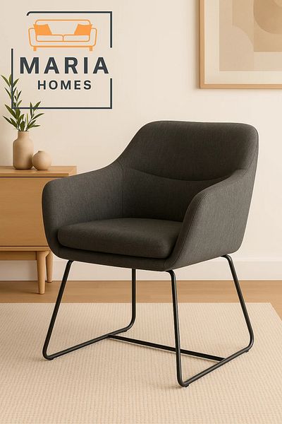 MARIA HOMES Dark Grey Fabric Lounge Chair – Upholstered Armchair with Sled Metal Legs for Home or Office Use