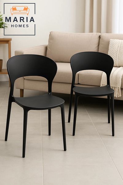 MARIA HOMES Black Modern Plastic Dining Chair – Ergonomic Curved Back Chair for Home, Office or Café Seating