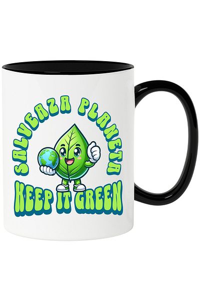 StoryGift Romania Mug with Green Leaf, Globe in Hand, Text Save the Planet, Keep, With, STG