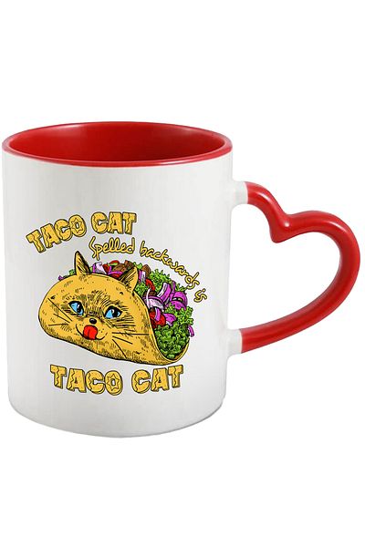 StoryGift Romania Mug with a cat in the shape of a taco with the message "Taco Cat spelled backwards is Tac, Cu,STG"