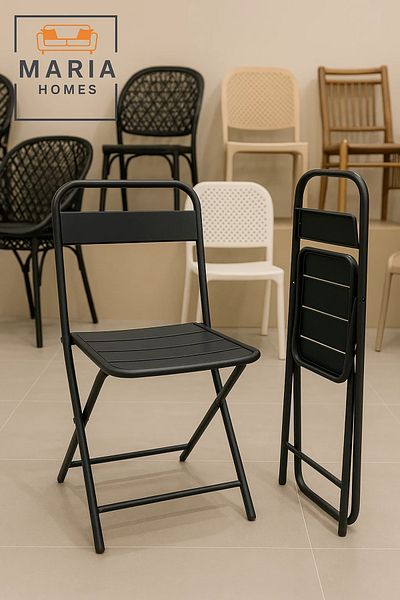 MARIA HOMES Black Metal Folding Chair with Slatted Seat – Compact and Durable for Indoor & Outdoor Use