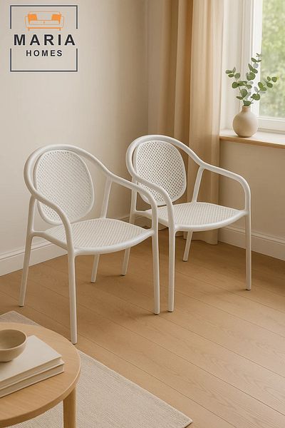 MARIA HOMES Modern White Metal Mesh Chair with Armrest – Indoor Outdoor Use, Stylish & Durable Seating