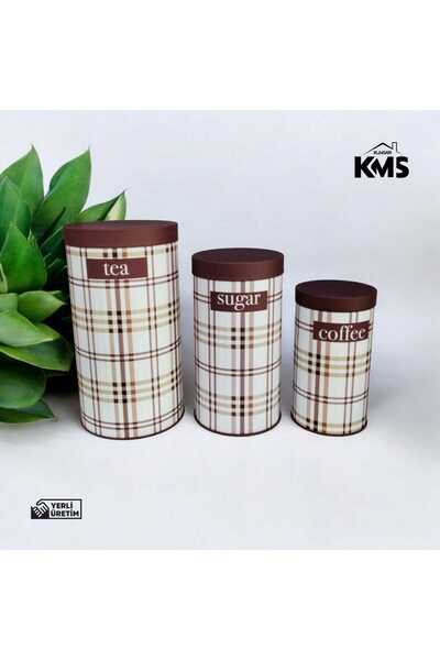 kmskumsar Ahşap görünümlü kapak 3'lü çay şeker kahve saklama kabı