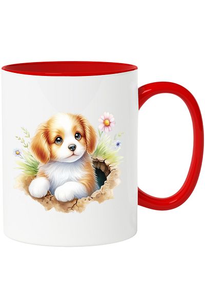 StoryGift Romania Mug with a puppy coming out of a hole in the ground | illustration | surprised | timi, With ,STG