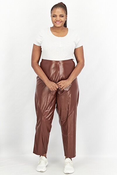 BOOHOO Women Plus Size Pull On Solid Leather Leggings, Brown