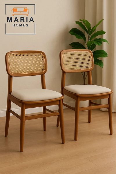 MARIA HOMES Wooden Dining Chair with Cane Backrest and Beige Upholstered Seat – Vintage Rattan Accent Chair