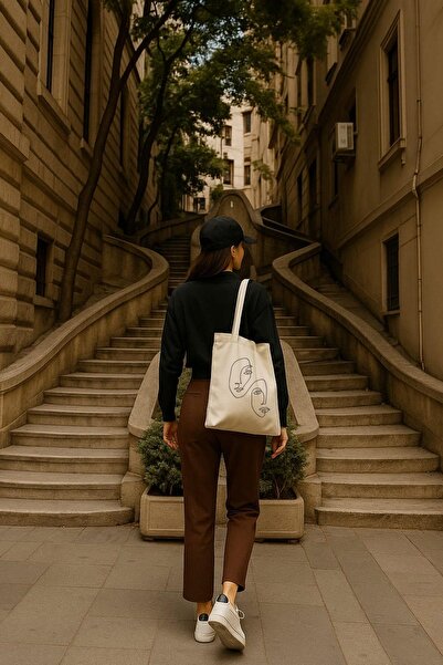 Çınar Bez Çanta One Line Faces Baskılı Ham Bez Çanta