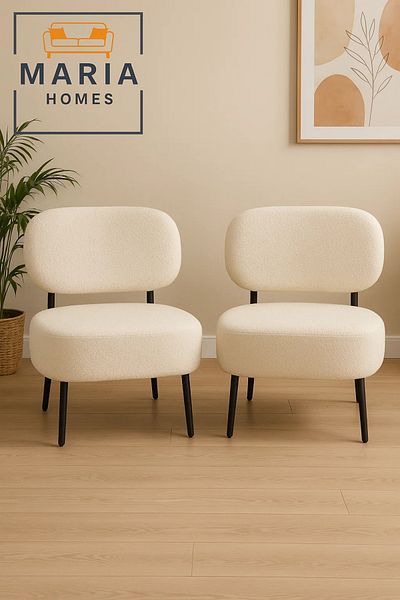 MARIA HOMES Modern White Bouclé Accent Chair with Wide Seat – Cozy Lounge Chair for Living Room or Office
