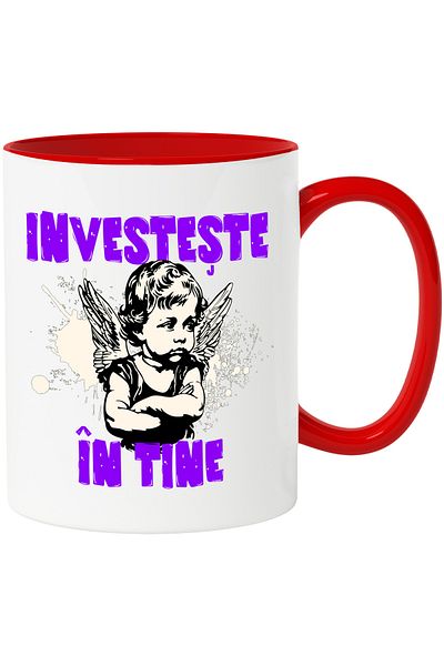 StoryGift Romania Mug Angry Angel with Wings Text Invest in You, 330ml, Ceramic with Red Handle, With ,STG