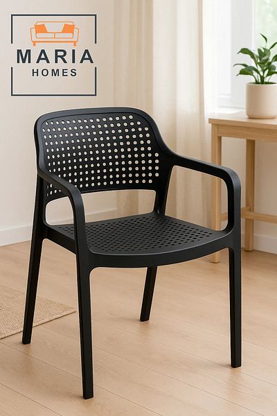 MARIA HOMES Modern Black Perforated Plastic Armchair – Stackable Indoor & Outdoor Seating