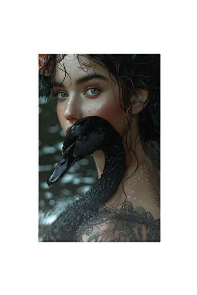 StoryGift Romania Tablou Canvas Lebada Neagra Care Sta Langa Fata Cu Parul Brunet Si Ochii Albastri Cu Stropi De