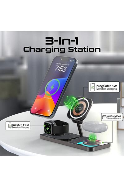 Promate AuraSlate-Trio Ultra Slim 3-in-1 Wireless Charging Station with MagSafe 15W - Black