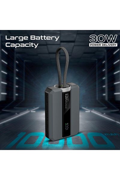 Promate Ultra-Compact Power Bank 30W PD with USB-C / Lightning Ports - 10000mAh - Gray - Neo-10Uni