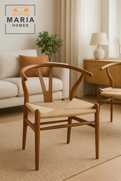 MARIA HOMES Natural Wood Wishbone Chair with Woven Rope Seat – Scandinavian Style Dining Chair for Modern Spaces