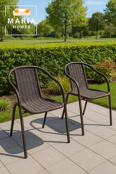 MARIA HOMES Brown Wicker-Style Plastic Chair with Armrest – Durable Stackable Outdoor/Indoor Seating Solution