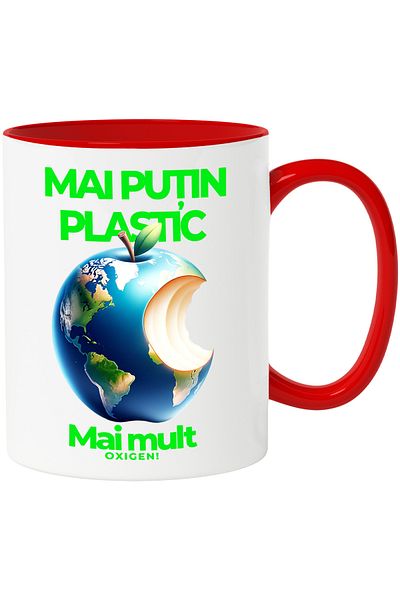 StoryGift Romania Mug less plastic more oxygen pollution, 330ml, Ceramic with Red Handle, With Handle, STG