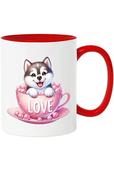 StoryGift Romania Mug with a Husky puppy sitting in a cup that says "Love" | illustrated, With ,STG