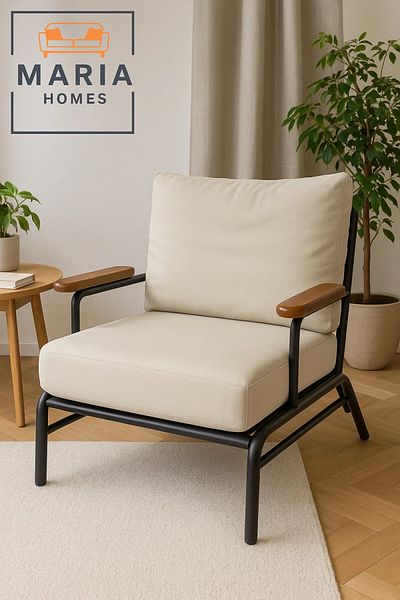 MARIA HOMES Cream Faux Leather Lounge Chair – Wood Armrests & Metal Frame for Living Room, Office or Reception