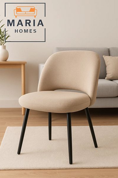 MARIA HOMES Beige Modern Lounge Chair – Curved Upholstered Fabric Seat with Black Legs for Home or Office Use