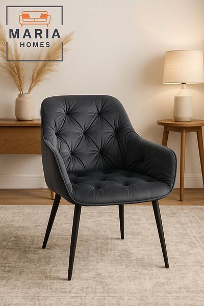 MARIA HOMES Dark Grey Velvet Tufted Armchair – Upholstered Lounge Chair with Black Legs for Home or Office Use