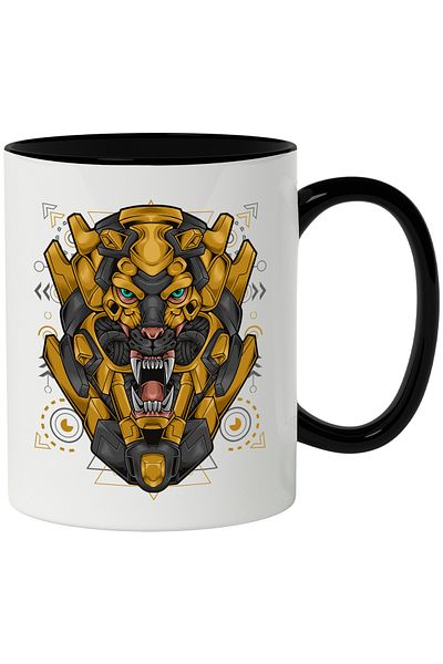 StoryGift Romania Mug With Feline, Robot, Cybernetic, Fangs, Geometric, Multicolor 330 ml, Ceramic, With ,STG